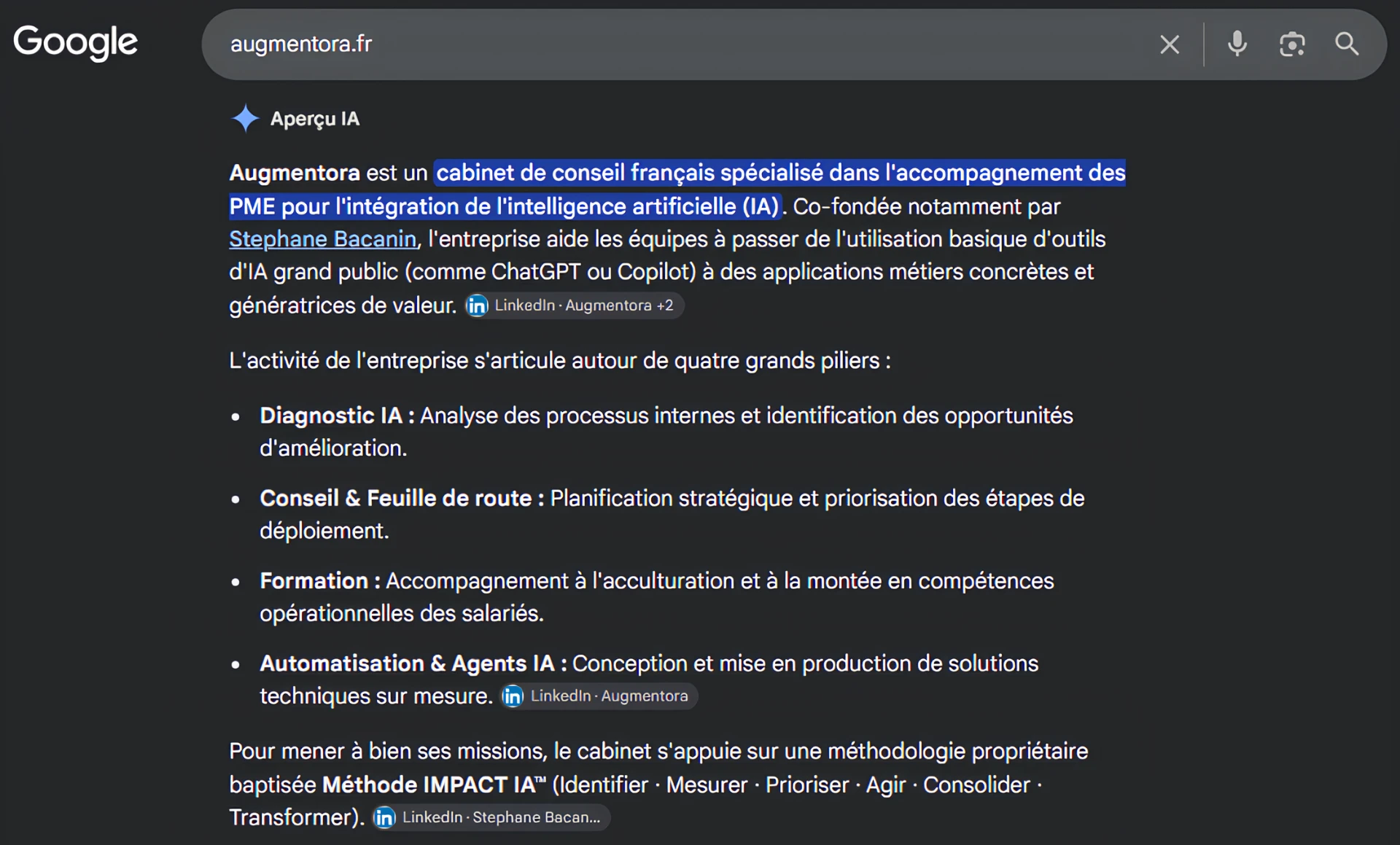 Aperçu IA de Google Search décrivant Augmentora : cabinet de conseil français spécialisé dans l'accompagnement des PME pour l'intégration de l'intelligence artificielle